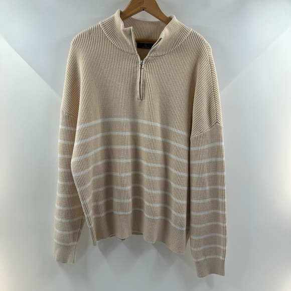 Lillusory Beige & White Striped Quarter-Zip Sweater – Size Large - Picture 1 of 5